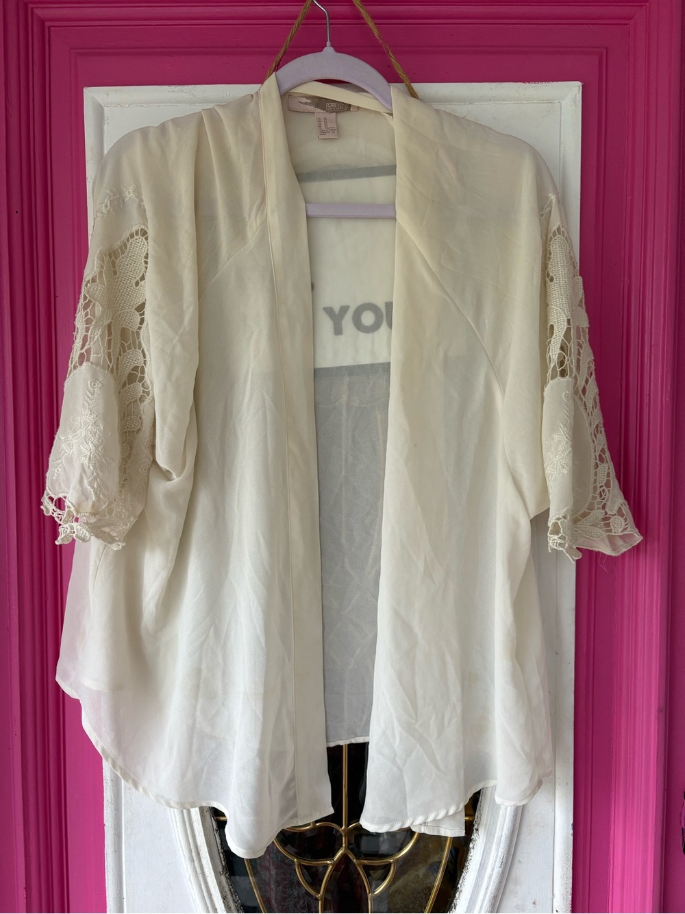 Forever 21 Cream Lace-Sleeve Open Front Kimono